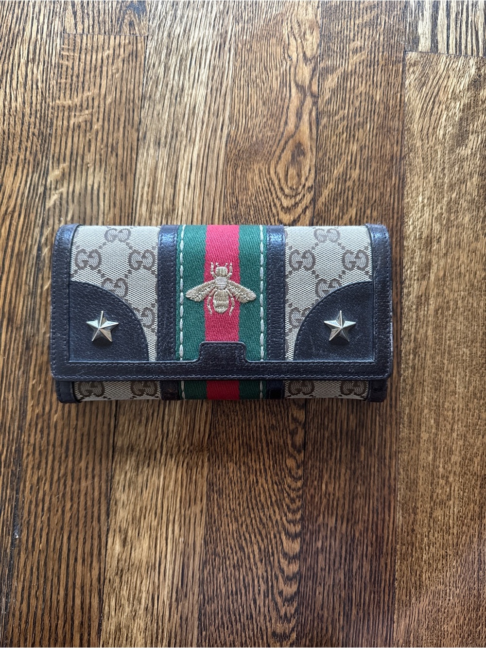 Gucci Beige GG Supreme Wallet with Green and Red Web and Gold Bee
